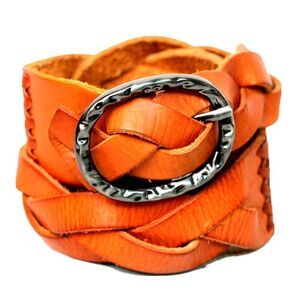 TAN BROWN GENUINE LEATHER 2"Wd STITCHED WOVEN CASUAL WOMEN'S BELT Sz L (29D